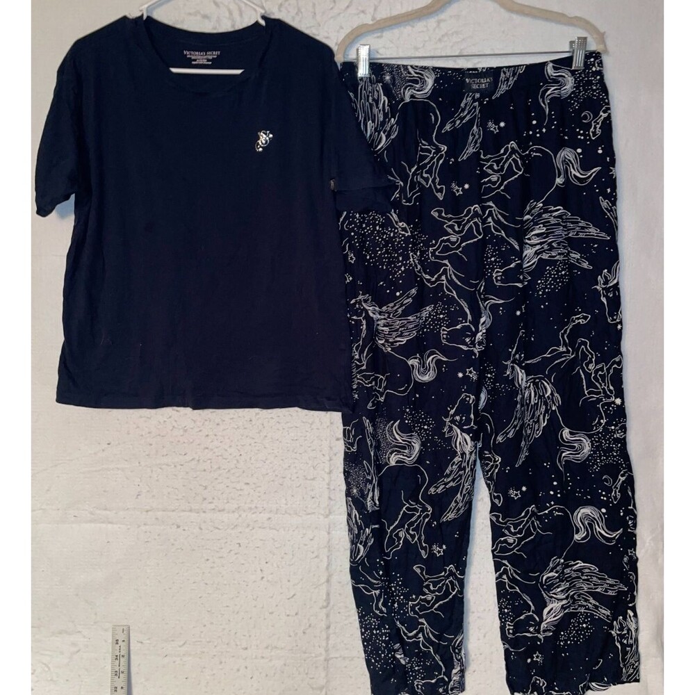 Victoria Secret Cotton Tee Jama pants Sleep Set 2 pc Pegasus Navy Blue Women's M